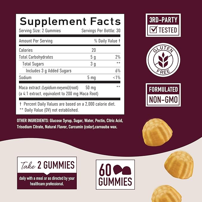 Maca Root Gummies with Natural Peach Flavor | Drive, Performance & Energy Support | Hormone Balance for Women and Men | Vegetarian, Non-GMO | 60 Gummies