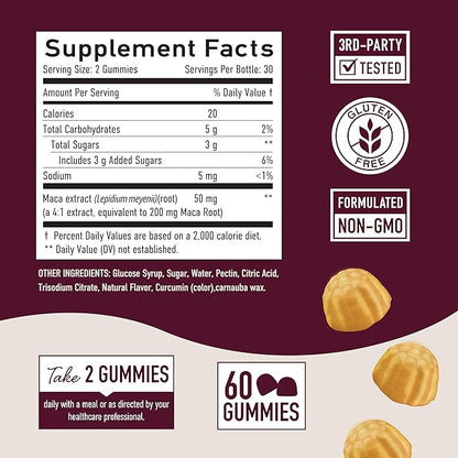 Maca Root Gummies with Natural Peach Flavor | Drive, Performance & Energy Support | Hormone Balance for Women and Men | Vegetarian, Non-GMO | 60 Gummies