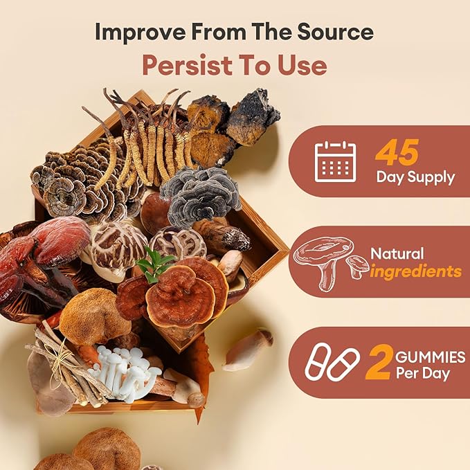 Mushroom Gummies 16-In-1 Mushroom Blend With Ashwagandha Gummies For Brain Health,Cognitive, Memory & Focus,Energy 0g Added Sugar Mushroom Supplement Lions Mane,Reishi,Cordyceps,Turkey Tail,Chaga (90)