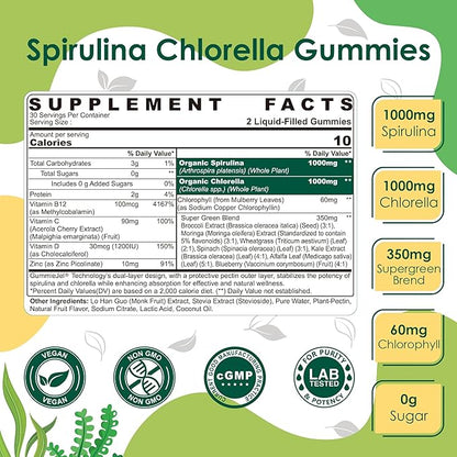 (2 Pack) Organic Spirulina + Chlorella Gummies, High in Vegan Protein, Chlorophyll, Nutrient Dense Green-Blue Algae + Super Greens, C & D3,Zinc, B12 for Daily Energy, Cleanse, Antioxidant and Immune