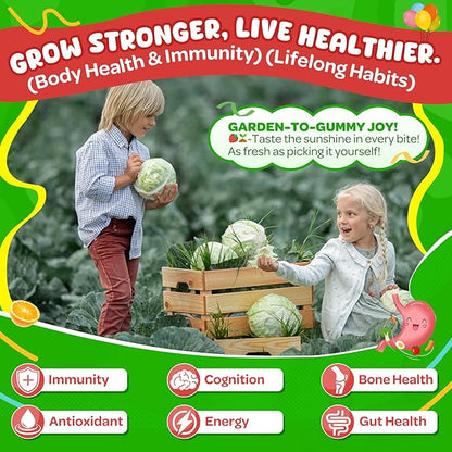 NEVISS Kids 4+ & Teens Super Greens 40-in-1 Gummies w/Multivitamin, Omega3 Iron, D3K2, Picky Eater Organic Super Fruits Veggies Superfood Gummy, Mushroom, Lutein | Immune Bone Brain Energy, Sugar Free