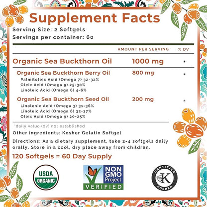 SeabuckWonders Organic Sea Buckthorn Oil Omega-7 Complete,120 Softgels, 60 Day Supply, with Omega 3, 6 & 9, Supports Hair, Skin & Nails, Overall Health & Wellness