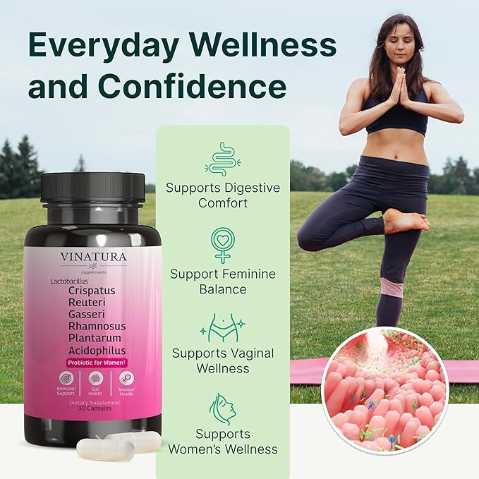 VINATURA Lactobacillus Rhamnosus, Reuteri, Gasseri, Plantarum, Crispatus, Acidophilus Probiotics - Probiotics for Women *USA Made & Tested* Women Vaginal Health, Gut and Digestive Health - 30 Capsules
