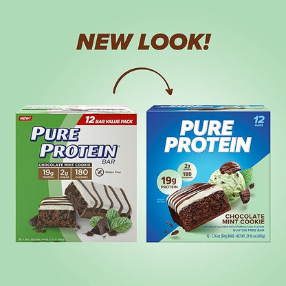 Pure Protein Chocolate Mint Cookie Protein Bars – 20g Protein, 3g Sugar, 190 Calories (12 count) Low Sugar* High Protein Snack - Gluten Free - Perfect for a Healthy Snack