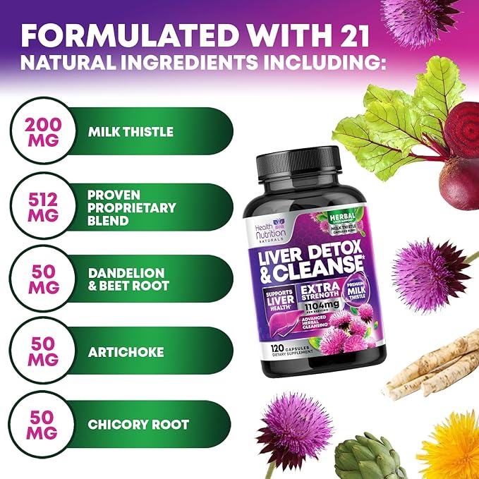 Gentle Liver Cleanse Detox & Repair Formula - Advanced Liver Support Supplement with Silymarin Milk Thistle, Dandelion Root, Artichoke Extract, Turmeric, Choline, & Beetroot - 120 Veggie Capsules