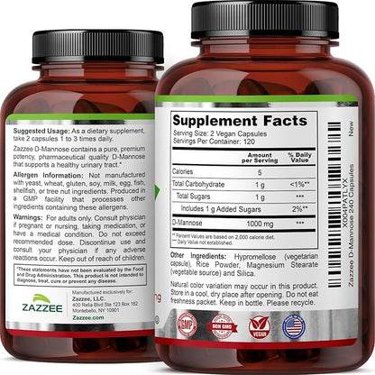 Zazzee D-Mannose, 1000 mg per Serving, 240 Vegan Capsules, 4 Month Supply, Potent & Fast-Acting, Certified Kosher, 100% Pure, All-Natural Urinary Tract Health Support, 100% Vegetarian, Non-GMO