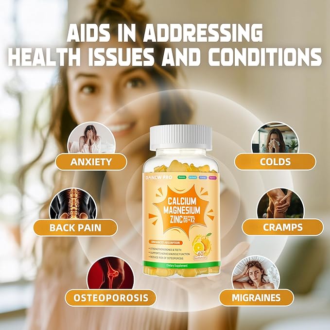 Calcium Magnesium Zinc Gummies with Vitamin D3 & K2 - High Potency Enhanced Absorption -120 Orange Gummies