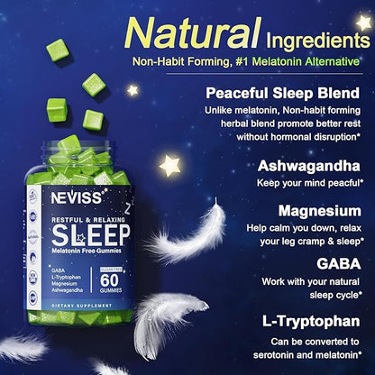 NEVISS Melatonin Free Sleep Aid Gummies for Adults - Magnesium Glycinate Gummies | GABA, L-Tryptophan, Magnesium, Ashwagandha - Non-Habit Forming, Help for Deep Relaxation - Vegan, Lemon Flavor, 2Pack