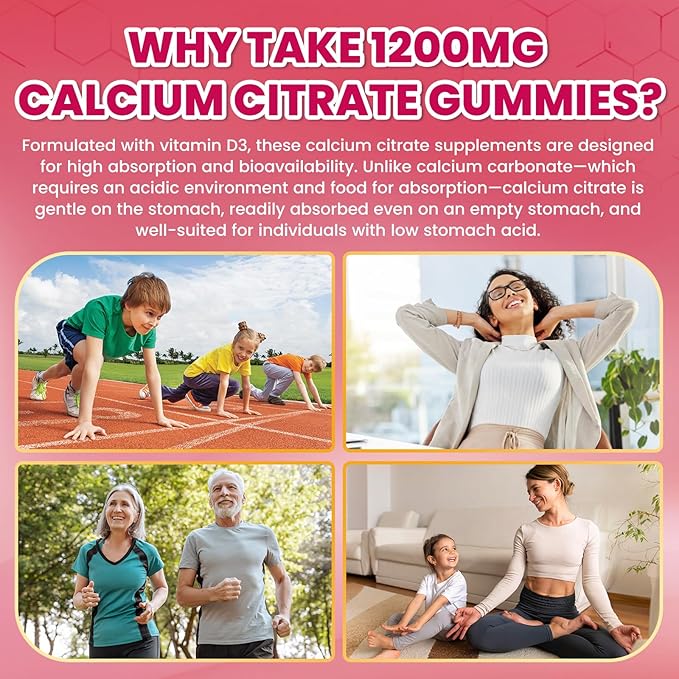 Calcium Citrate Gummies - 1200mg Calcium Gummies Supplements for Women & Men with Vitamin D3, K2, Magnesium, Zinc High Absorption for Bone, Muscle & Immune Support, Raspberry Flavor, 60 Count