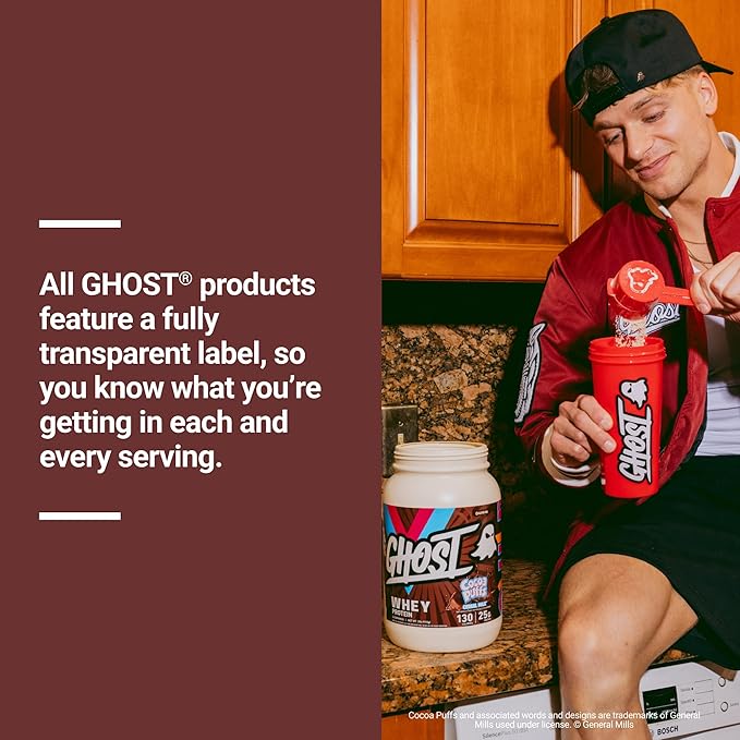 GHOST Whey Protein Powder, Cocoa Puffs Cereal Milk - 2LB, 25G of Protein - Whey Protein Isolate & Concentrate Blend - Post Workout Fitness & Nutrition Shakes, Smoothies & Baking - Soy & Gluten Free