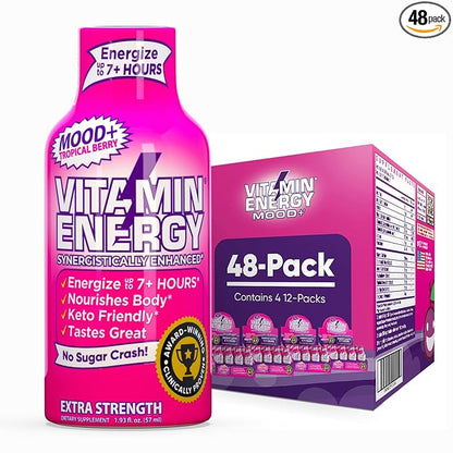 Vitamin Energy Mood+ Extra Strength Energy Shot Tropical Berry 48 Pack, 260mg Natural Caffeine, B-Vitamins, Rhodiola, Chamomile, Mood & Energy Support, Zero Sugar, Gluten-Free, Vegan, 1.93 fl oz