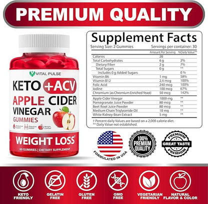 Keto ACV Gummies Advanced Weight Loss - Sugar Free ACV Keto Gummies - Gummy Supplement for Women and Men - Detox - Apple Cider Vinegar - Apple Flavor