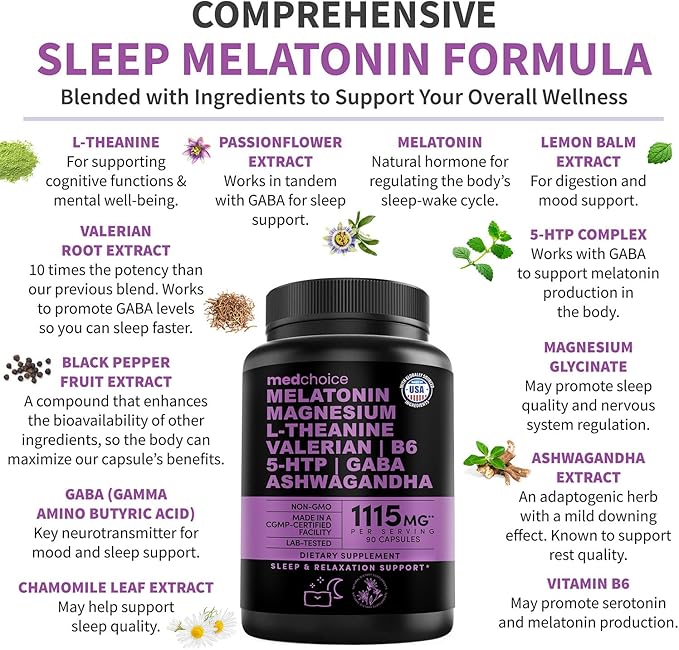 12-in-1 Melatonin Sleep Capsules - Natural Sleep Aids for Adults with Melatonin 5mg and Magnesium Glycinate 500mg, Sleep Aid with Ashwagandha, L Theanine, Valerian Root, GABA, 5-HTP (90ct, Pack of 2)