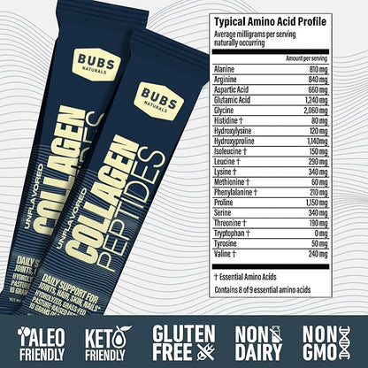 BUBS Naturals Unflavored Collagen Peptides Powder - Best Proteins for Joints & Skin - Pasture Raised Grass Fed - Paleo & Keto Friendly, Whole30 Approved, Non-GMO, Dairy & Gluten Free (20 Stick Packs)