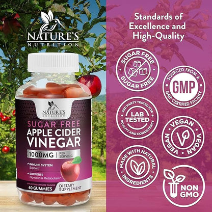 Apple Cider Vinegar Gummies for Weight Loss, Zero Sugar - Apple Cider Vinegar Powder 1000mg Per Serving - Vegan Apple Cider Vinegar Gummy for Detox & Cleanse - Sugar Free ACV Supplement - 60 Gummies