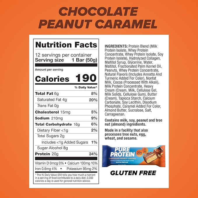 Pure Protein Chocolate Peanut Caramel Protein Bars – 20g Protein, 3g Sugar, 190 Calories (12 count) Low Sugar* High Protein Snack - Gluten Free - Perfect for a Healthy Snack