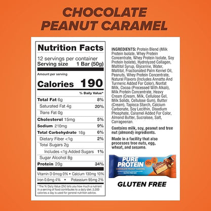 Pure Protein Chocolate Peanut Caramel Protein Bars – 20g Protein, 3g Sugar, 190 Calories (12 count) Low Sugar* High Protein Snack - Gluten Free - Perfect for a Healthy Snack