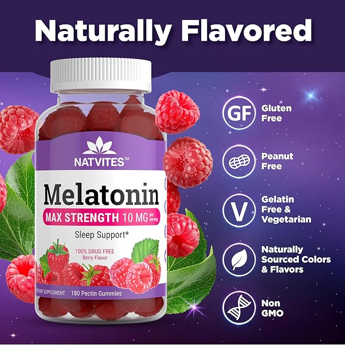 Melatonin Gummies Max Strength 10mg Pectin Gummies, Helps with Sleep Support, Berry Flavor Gummy, 100% Drug Free, 180 Count (Pack of 1)