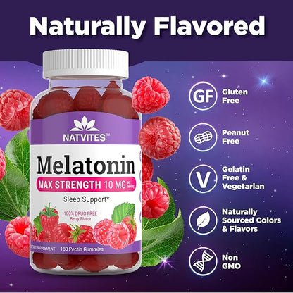 Melatonin Gummies Max Strength 10mg Pectin Gummies, Helps with Sleep Support, Berry Flavor Gummy, 100% Drug Free, 180 Count (Pack of 1)