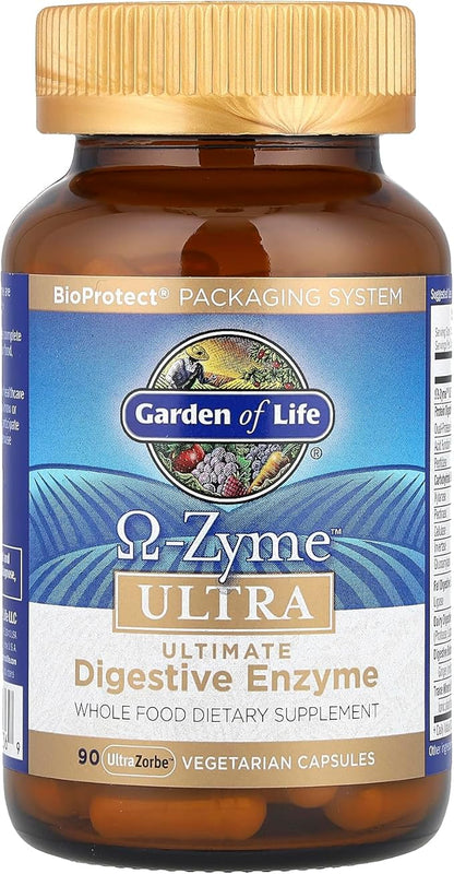 Garden of Life 21 Powerful Digestive Enzymes with Papain, Bromelain, Lipase, Plus Ginger and Turmeric - Omega-Zyme Ultra, Enzymes for Digestion Dietary Supplement, Vegetarian, 90 Capsules
