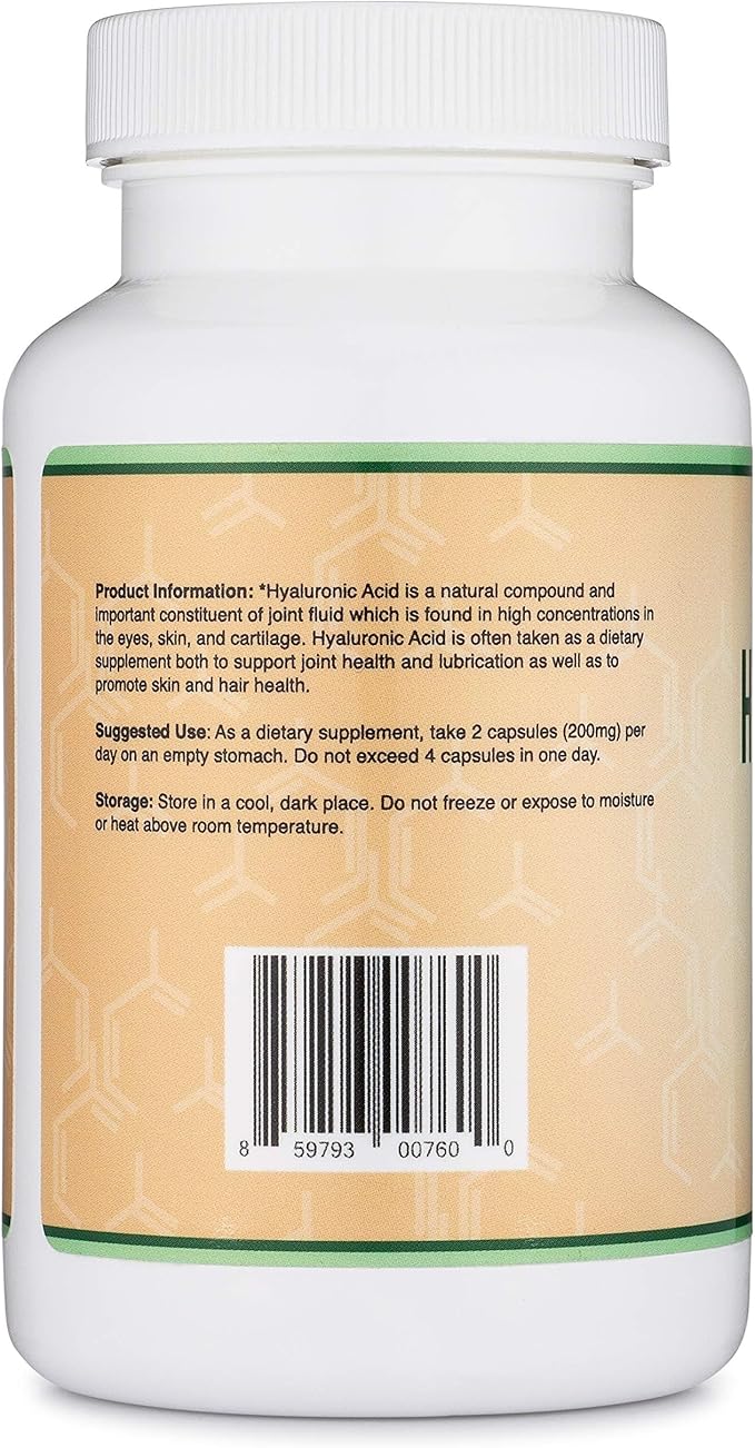 Hyaluronic Acid Supplements -180 Capsules (Enhances Effects of Hyaluronic Acid Serum for Face) 200mg Per Serving for Skin and Face Aging Support (Acido Hialuronico) Gluten Free by Double Wood