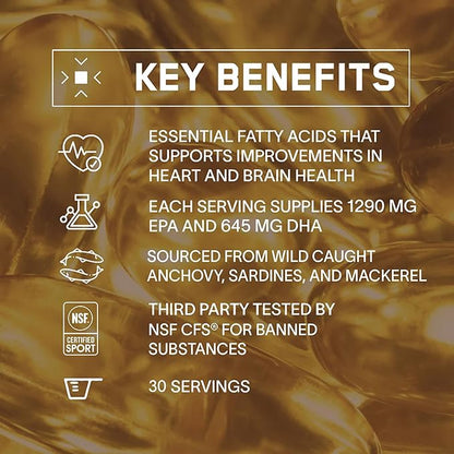 BARE PERFORMANCE NUTRITION, BPN Strong Omega Fish Oil Soft Gel, 1290mg Fish Oil per Capsule, Wild Caught Fish, Sustainably Sourced, IFOS Certified, 30 Servings