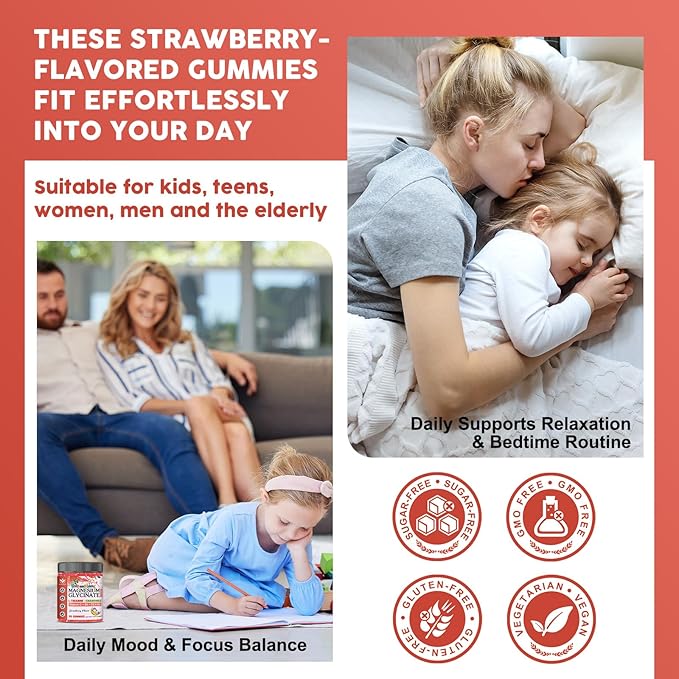 Magnesium Glycinate Gummies for Kids & Adults - Relaxation & Cognition Support - 400/200mg Magnesium Supplement with L-Theanine, B6, D3 & K2 - Vegan, Sugar Free, Strawberry Flavor, 60 Ct (2Pack)