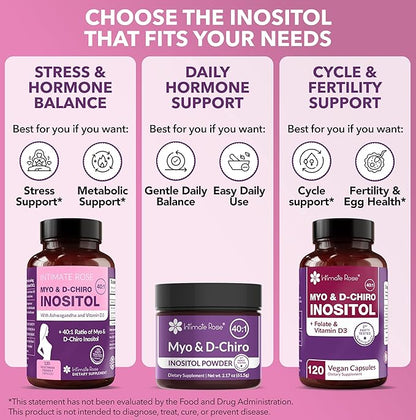 Intimate Rose Myo-Inositol & D-Chiro Inositol Blend - 40:1 Blend Ratio - Women's Daily Wellness Support - Vitamin D & Ashwagandha, 3 Bottles