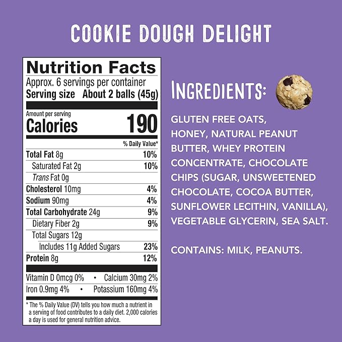 simplyFUEL Whole-Food Protein Balls (Cookie Dough Delight), 8 g High-Protein, Gluten-Free, Healthy Snack for Adults & Kids, 9.6 oz