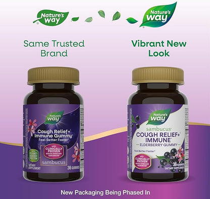 Nature's Way Sambucus Cough Relief +(1) Immune* Elderberry Gummy, Clinically Proven South African Geranium Root Extract(1), Elderberry Extract, Vitamin C & Zinc, 36 Gummies (Packaging May Vary)