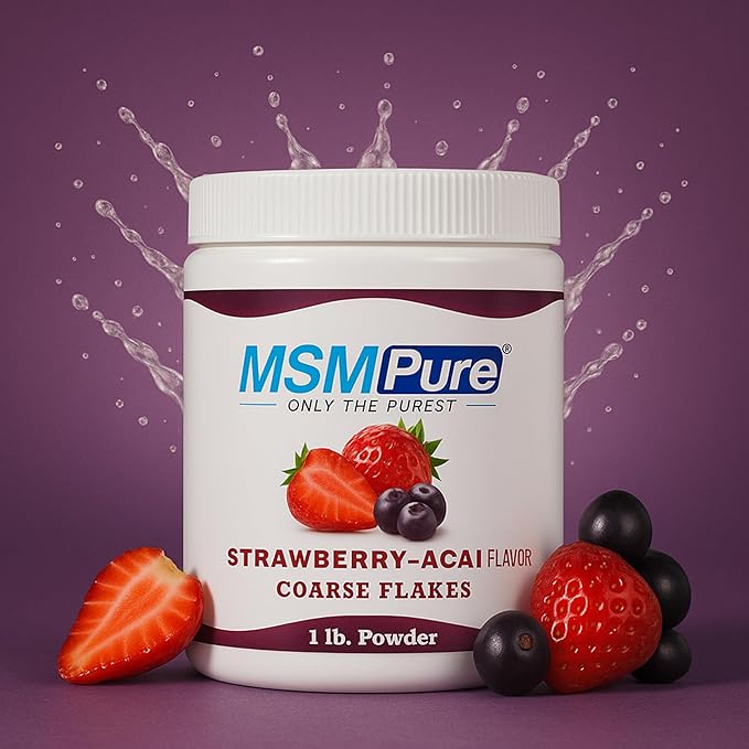 KALA HEALTH MSMPure Strawberry Acai Flavored Coarse MSM Powder Flakes – US-Made MSM for Joint Health, Skin Appearance, and Hair & Nail Support – 8.8 oz, Organic Sulfur