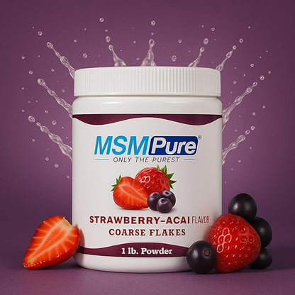 KALA HEALTH MSMPure Strawberry Acai Flavored Coarse MSM Powder Flakes – US-Made MSM for Joint Health, Skin Appearance, and Hair & Nail Support – 8.8 oz, Organic Sulfur