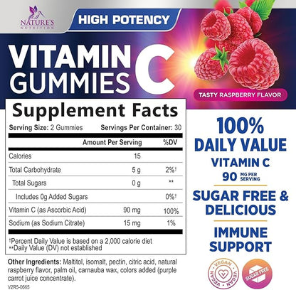Vitamin C Gummies - 100% of Daily Vitamin C & Sugar Free - Immune Support with Powerful Antioxidants - Nature's Vegan VitaminC Dietary Supplement - Raspberry Flavor for Kids & Adults - 60 Gummies