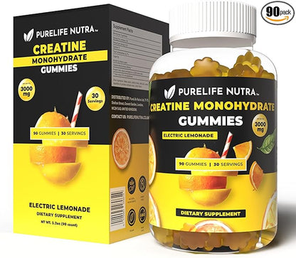 Creatine Monohydrate Gummies - 3g serving, Sugar free, 90 Count, Electric Lemonade flavored Creatine Gummies for Men & Women, Gluten Free, Non Bloating - Vegan, Halal, Kosher. (90 Units, Lemonade)