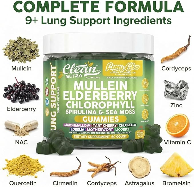 Clean Nutra Mullein Gummies for Lung Health Support with Elderberry Chlorophyll Spirulina Tart Cherry Sea Moss Vitamin C Lutein Marshmallow Root Licorice Root Superfood Greens Mucus Relief 60 Gummies
