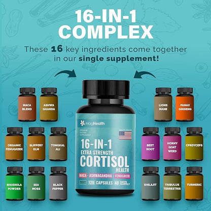 Cortisol Complex 16-in-1 Supplement for Women & Men | Stress Support Manager with Organic Ashwagandha, Maca Root, Rhodiola Rosea & Shilajit | Adaptogen Blend for Balance & Energy | 120 Capsules