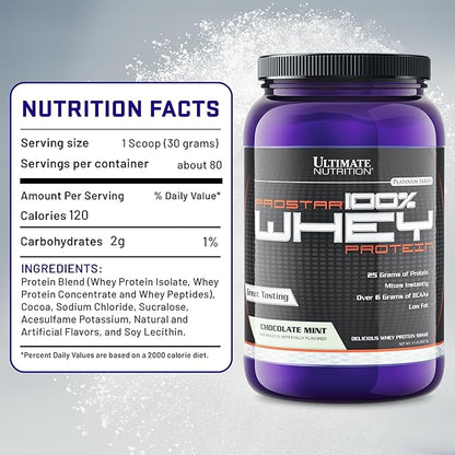 Ultimate Nutrition Prostar Whey Protein Powder Isolate, Gourmet Chocolate Mint - Low Carb, High Protein Powder Shake for Muscle Gain & Recovery - Low Sodium, Low-Fat & Keto Friendly - 2 lbs Tub