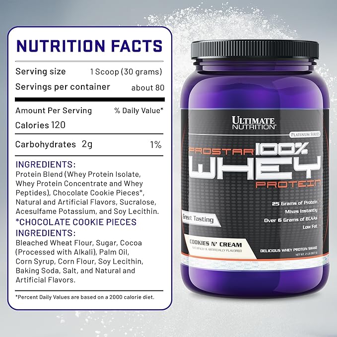 Ultimate Nutrition Prostar Whey Protein Powder Isolate, Cookies N Cream - Low Carb, High Protein Powder Shake for Muscle Gain & Recovery - Low Sodium, Low-Fat & Keto Friendly - 2 lbs Tub