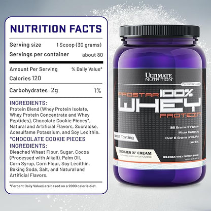 Ultimate Nutrition Prostar Whey Protein Powder Isolate, Cookies N Cream - Low Carb, High Protein Powder Shake for Muscle Gain & Recovery - Low Sodium, Low-Fat & Keto Friendly - 2 lbs Tub