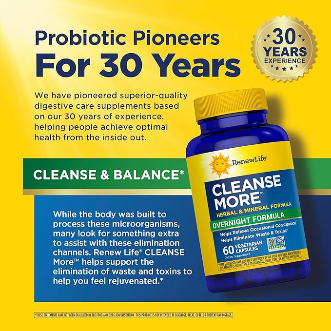 Renew Life Cleanse More Herbal Formula with Magnesium for Overnight Occasional Constipation Relief; Helps Promote Waste and Toxin Elimination; Gluten, Dairy and Soy Free; 60 Vegetarian Capsules*