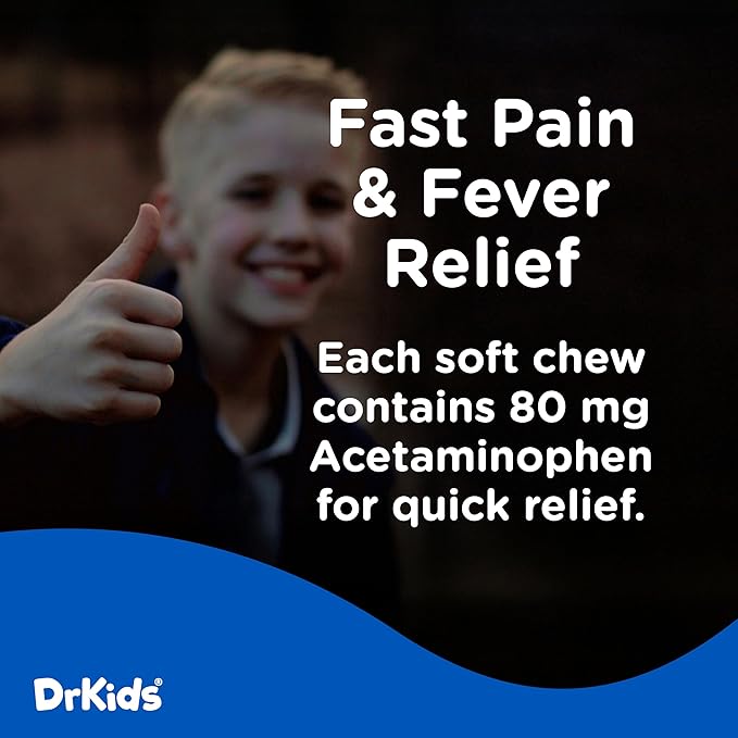 Dr. Kids Children’s Pain and Fever Gummy Bite - Chewable Acetaminophen for Kids Ages 2-11, Pre-Measured Soft Chews for Headache, Sore Throat, Cold and Flu, Orange Vanilla Flavor, 24 Count