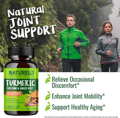 NATURELO Turmeric Curcumin - BioPerine for Better Absorption - Black Pepper, Ginger Root, Curcuminoids - Plant-Based Joint Discomfort Support - 120 Vegan Capsules (Pack of 2)