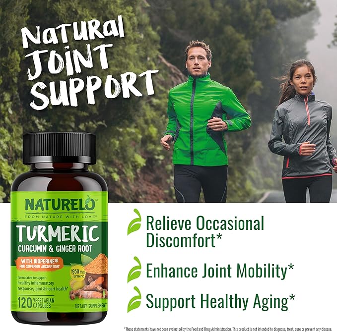 NATURELO Turmeric Curcumin - BioPerine for Better Absorption - Black Pepper, Ginger Root, Curcuminoids - Plant-Based Joint Discomfort Support - 120 Vegan Capsules