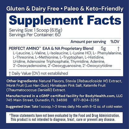 BodyHealth PerfectAmino Powder - BCAA and EAA Powder for Pre and Post Workout - Amino Acid Energy Drink for Men and Women to Support Lean Muscle and Recovery - Chocolate - 60 Servings