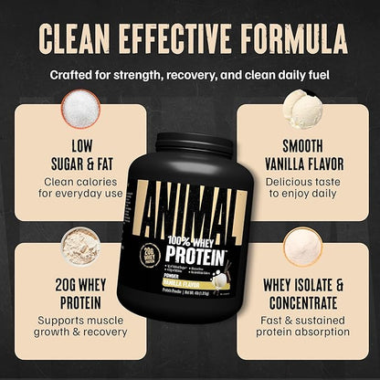 Animal 100% Whey Protein Powder – Whey Blend for Pre Workout or Post Workout, Recovery, or an Anytime Low Sugar Protein Boost Meal Replacement with BCAA Branched Chain Amino Acids – Vanilla, 4 lb