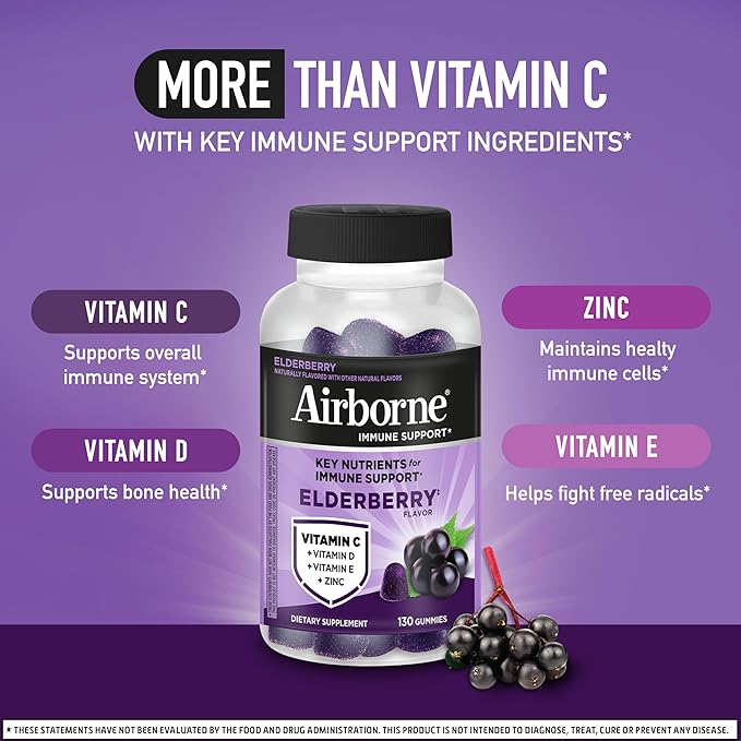 Airborne Elderberry + Zinc & Vitamin C Gummies for Adults,Immune Support with Antioxidants Vitamins C,D & E,Elderberry Flavor,130 Count (Pack of 2)