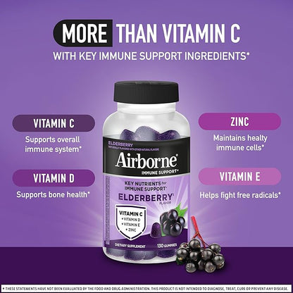 Airborne Elderberry + Zinc & Vitamin C Gummies for Adults,Immune Support with Antioxidants Vitamins C,D & E,Elderberry Flavor,130 Count (Pack of 2)