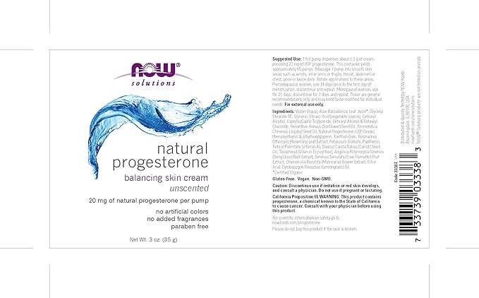 Now Foods Progesterone Cream Unscented 20 mg - 3 oz with Wild Yam Extract for Hormone Balance and Moisturizing Skin