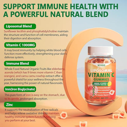Liposomal Vitamin C 1000mg Gummies for Adults - Vitamin C Chewable with Elderberry, Zinc & 8mg Iron, Sugar Free Vit C Supplements, Daily Immune Support Gummies for Energy, Collagen Booster, 120 Counts