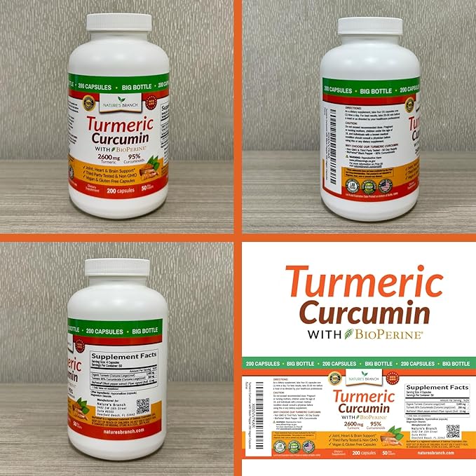 Turmeric Curcumin Supplement 2600mg | Organic Turmeric Powder - 95% Curcuminoids, 200 Capsules - Extra Strength for Joint Support with Black Pepper - High Absorption, BioPerine Extract, Vegan Pills